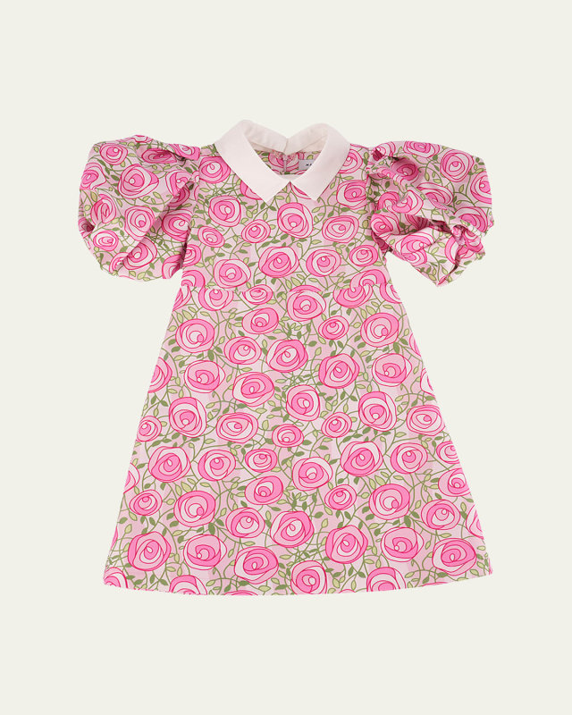 Girl's Rose-Print Balloon Sleeve Dress, Size 3T